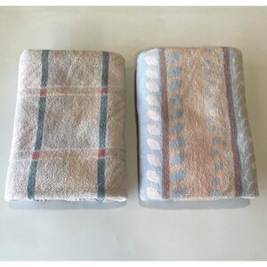 Vintage 70s Springmaid Shula Vardimon 2 Bath Towel Pastel Pink Blue Boho Leaves
